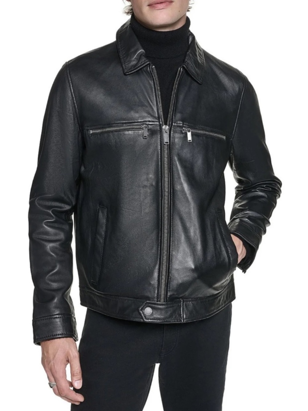 Karl Lagerfeld Paris Men's Genuine Leather Jacket Black Size S / Slim Medium